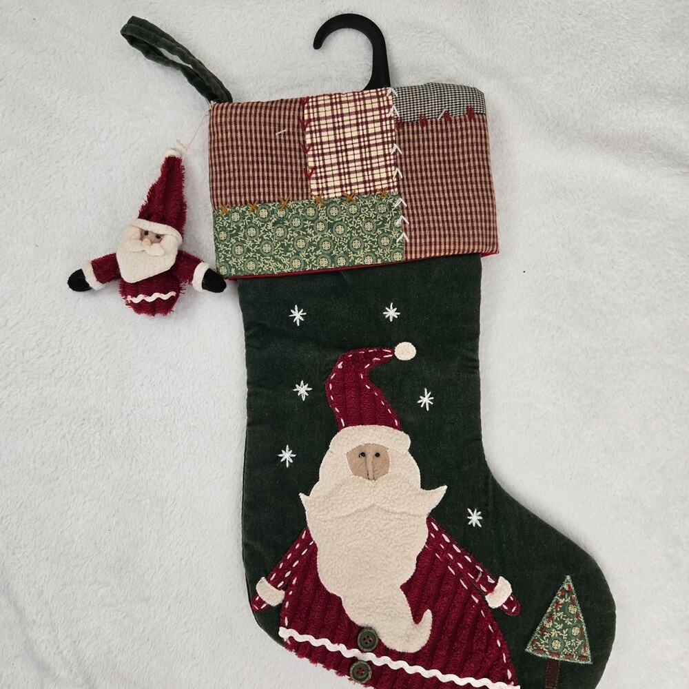 Vintage Style Patchwork Santa Christmas Stocking with Plush Santa Charm